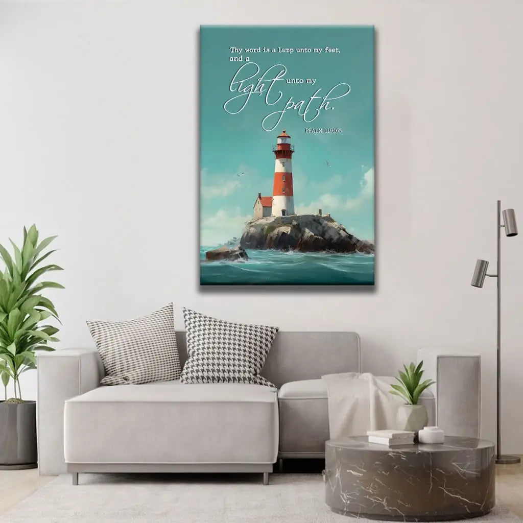 Bible verse wall art featuring "Thy word is a lamp unto my feet," complemented by a lighthouse, ideal for faith-centered decor.