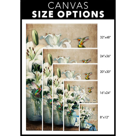 Bible verse wall decor with "His mercies are new every morning," paired with hummingbirds and lilies, ideal for Christian home decor / canvas size options.