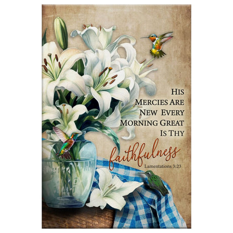Faith-based wall art with a comforting Bible verse from Lamentations 3:23, "His mercies are new every morning," and a hummingbird image.