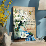 Christian wall art with Lamentations 3:23, "His mercies are new every morning," featuring hummingbirds and lilies, perfect for inspirational decor.