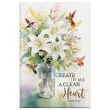 Faith-based wall art featuring "Create in Me a Clean Heart" from Psalm 51:10, lily flower, and hummingbird, great for Christian homes.