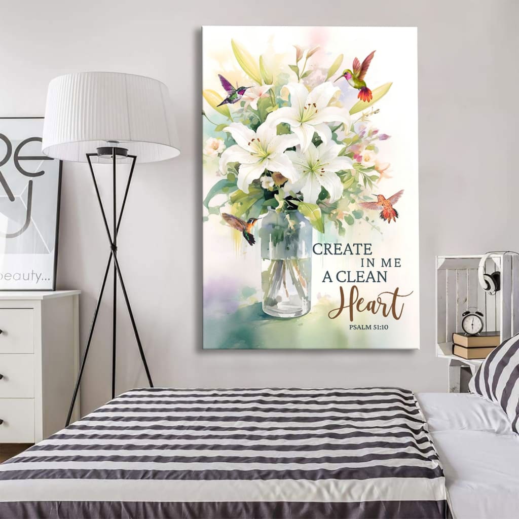 Inspirational canvas wall art with Psalm 51:10, lily flowers, and hummingbirds, ideal Christian wall art for home decor.