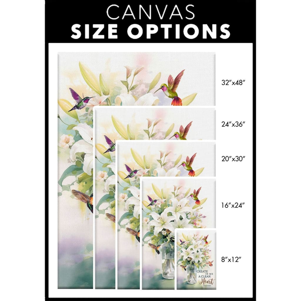 Religious canvas print with Psalm 51:10, "Create in Me a Clean Heart," along with hummingbirds and lily flowers, perfect home decor.