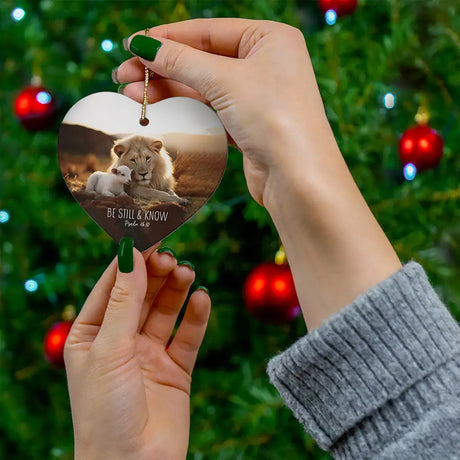 Psalm 46:10 ornament featuring the Lion and Lamb, symbolizing stillness and faith during Christmas.