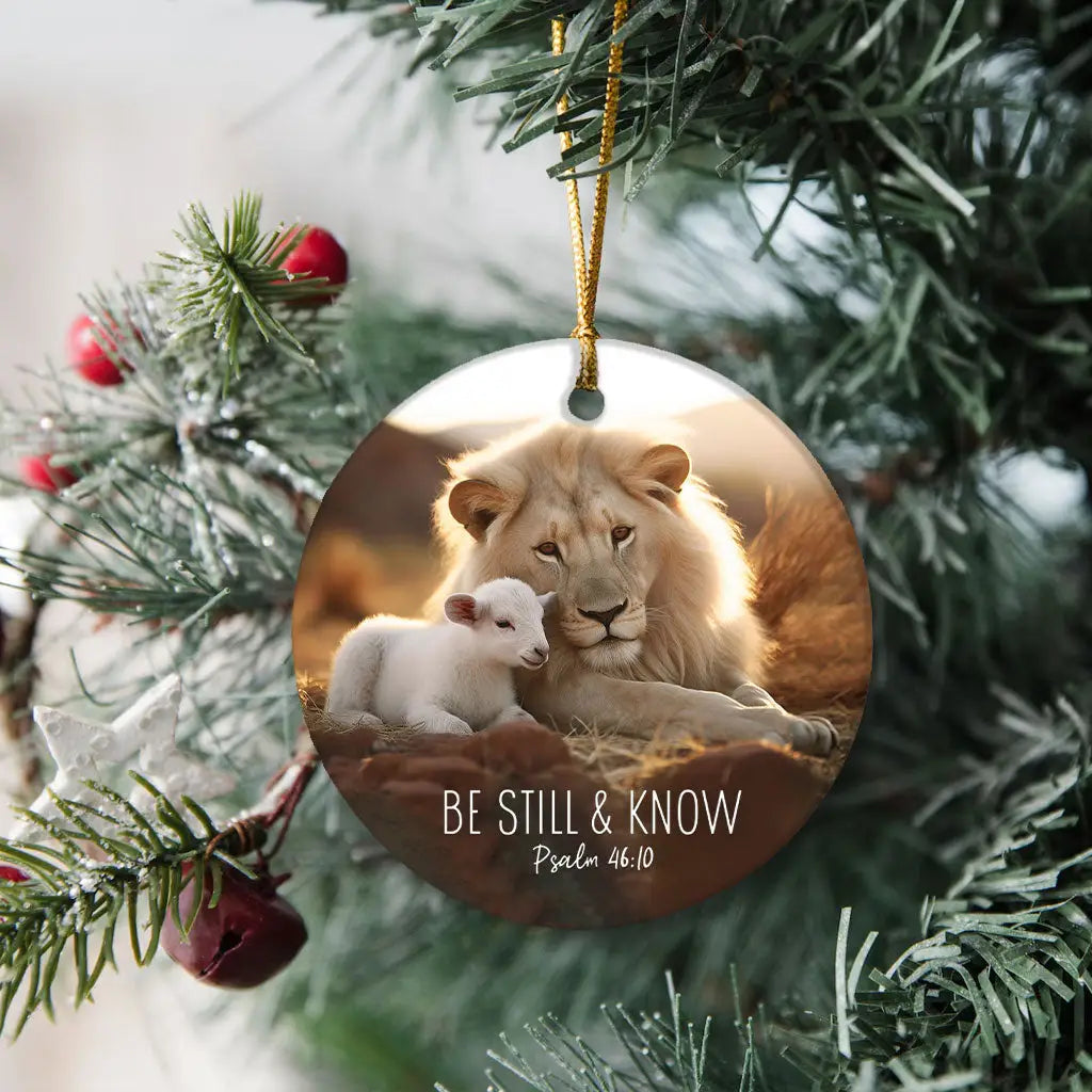 Lion and Lamb ornament with Psalm 46:10, &#39;Be Still and Know,&#39; ideal for Christian Christmas gifts.