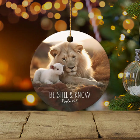 Lion and Lamb design, featuring Psalm 46:10, perfect for holiday decor / Circle.