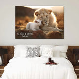 Faith-based wall art with Lion and Lamb, "Be Still and Know," from Psalm 46:10, great religious decor for Christian homes.
