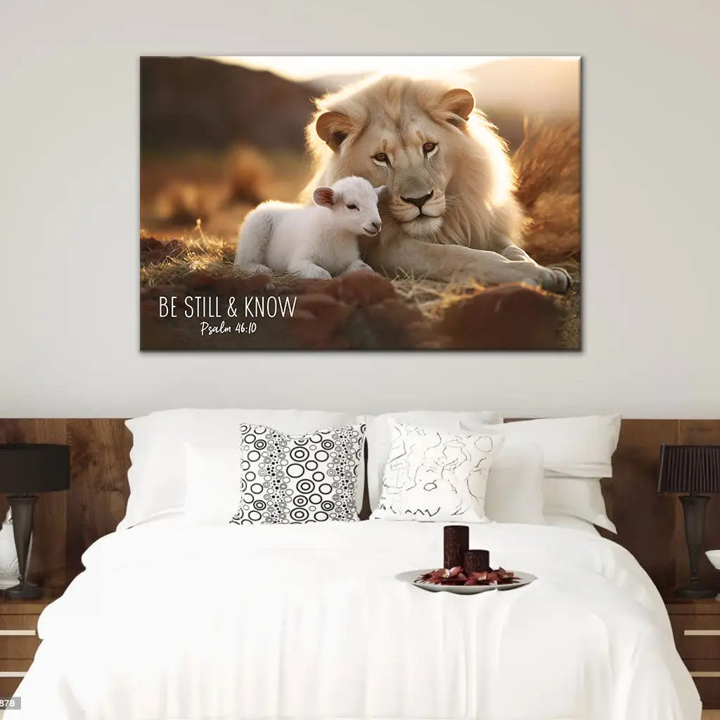 Faith-based wall art with Lion and Lamb, &quot;Be Still and Know,&quot; from Psalm 46:10, great religious decor for Christian homes.