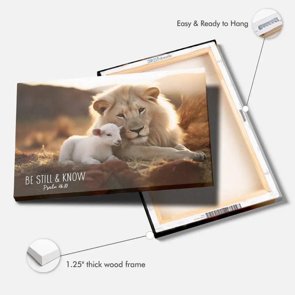 Religious wall art canvas featuring the Lion and Lamb with Psalm 46:10, "Be Still and Know," perfect for faith-filled home decor.