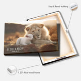 Religious wall art canvas featuring the Lion and Lamb with Psalm 46:10, "Be Still and Know," perfect for faith-filled home decor.
