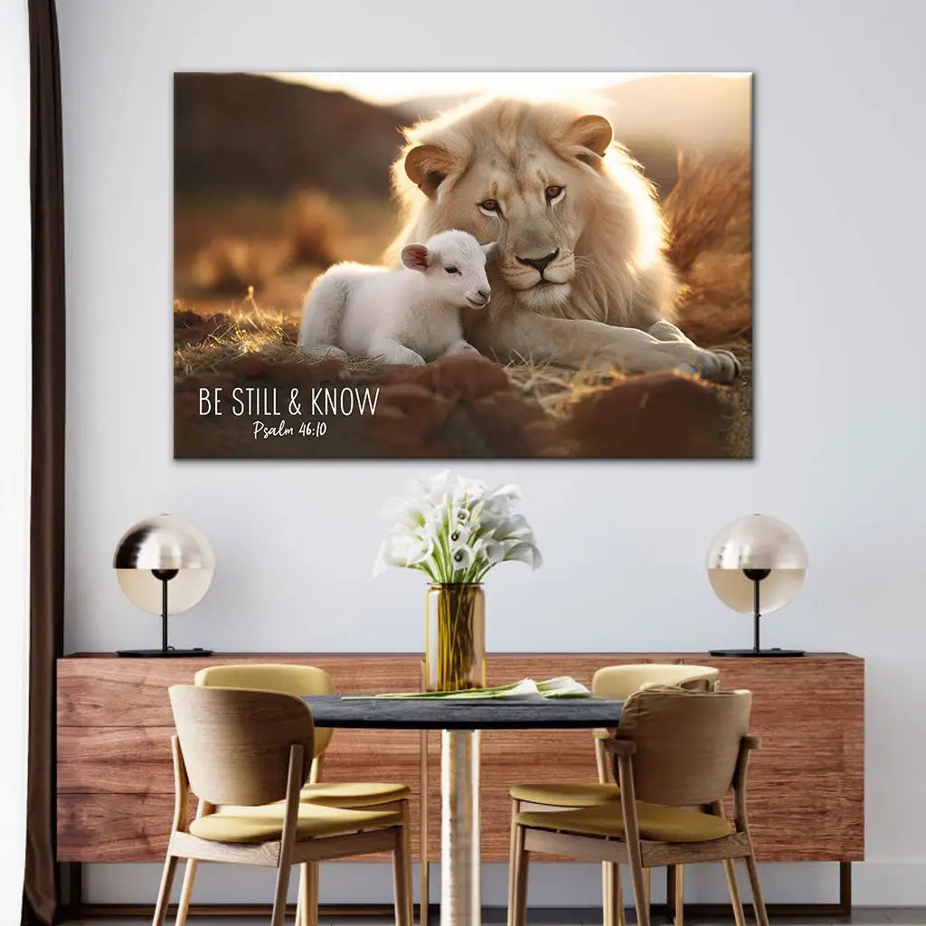 Inspirational canvas print with Lion and Lamb and Psalm 46:10 Bible verse, &quot;Be Still and Know,&quot; ideal Christian wall art.