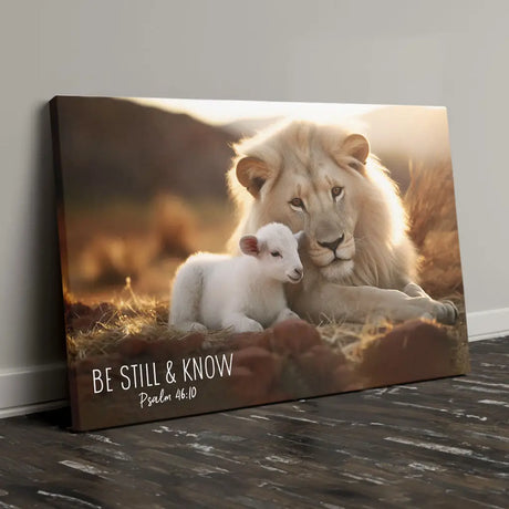 Christian wall art featuring the Lion and Lamb with Psalm 46:10, "Be Still and Know," perfect faith-based home decor.
