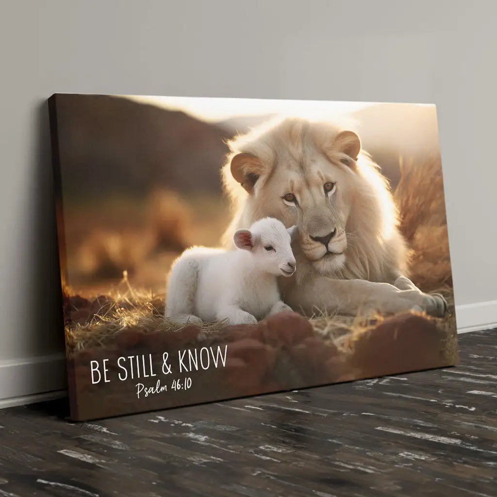 Christian wall art featuring the Lion and Lamb with Psalm 46:10, &quot;Be Still and Know,&quot; perfect faith-based home decor.