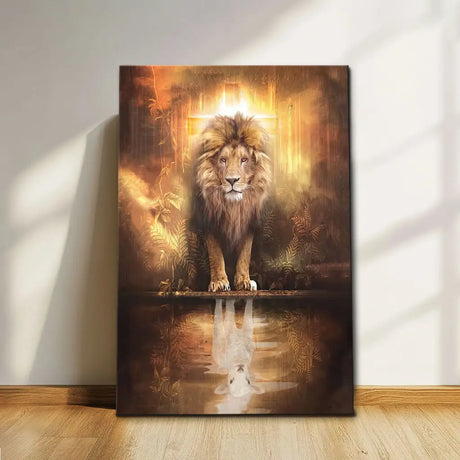 Christian lion and lamb canvas, inspirational Jesus art with scripture, faith-based religious gift.