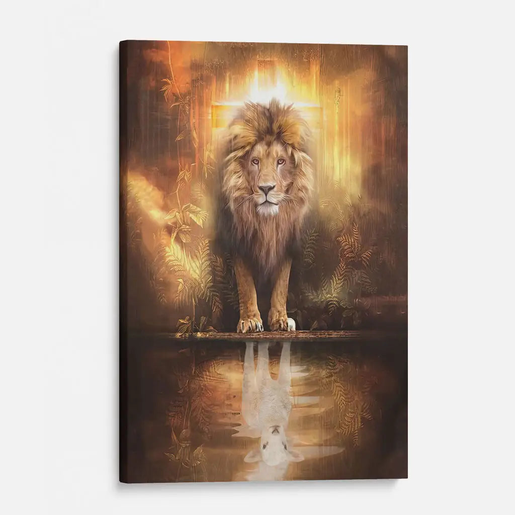 Inspirational Christian wall art with lion and lamb, Jesus and scripture gift for faith and religion.