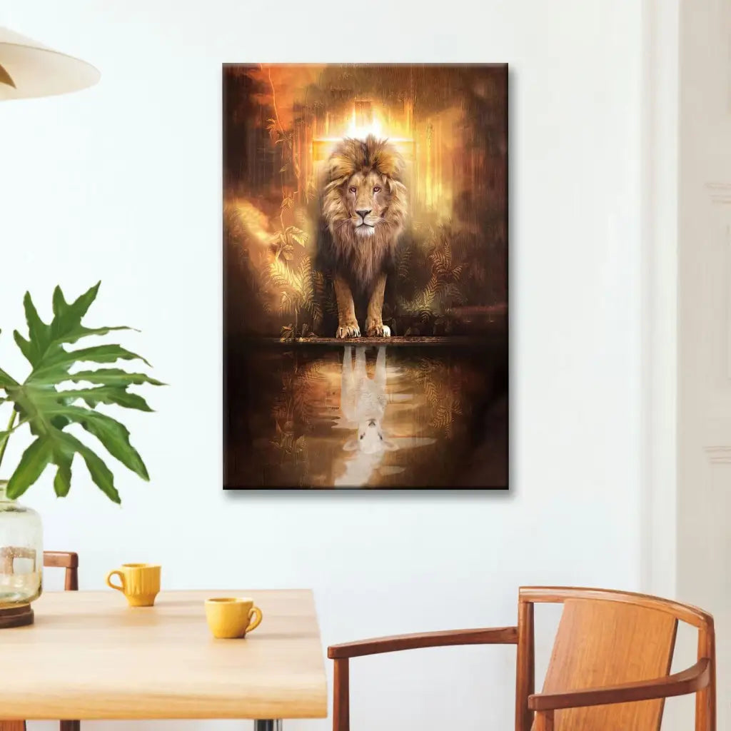Lion and lamb art print, Christian canvas gift with Bible verse, faith-based and religious décor.