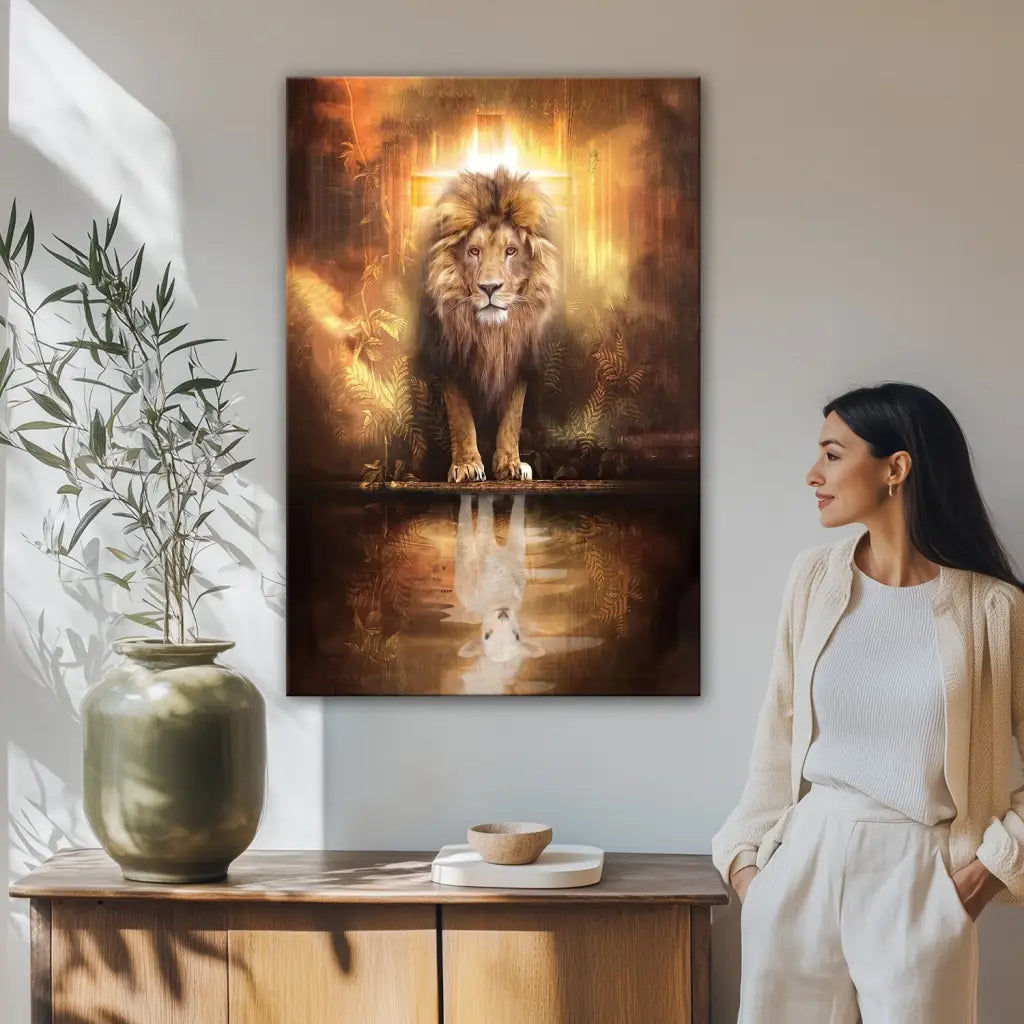 Faith-based lion and lamb picture, Bible verse canvas about Jesus, Christian inspirational décor.