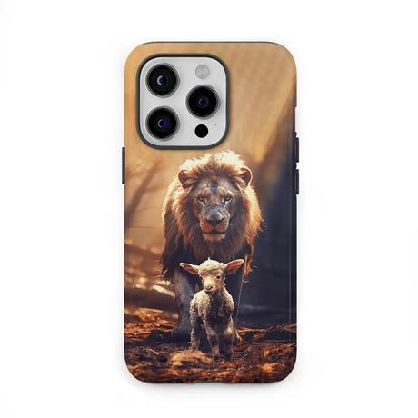 Christian phone case featuring a lion and lamb in the forest, symbolizing divine protection, perfect faith-based accessory.