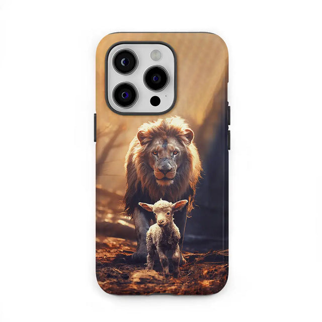 Christian phone case featuring a lion and lamb in the forest, symbolizing divine protection, perfect faith-based accessory.