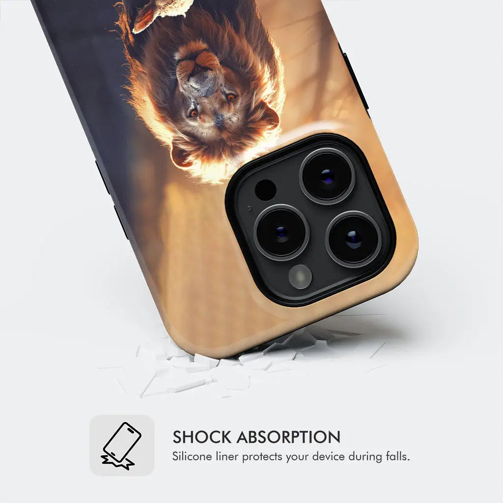 Religious phone case featuring a lion and lamb in the forest, representing divine protection, perfect for believers.