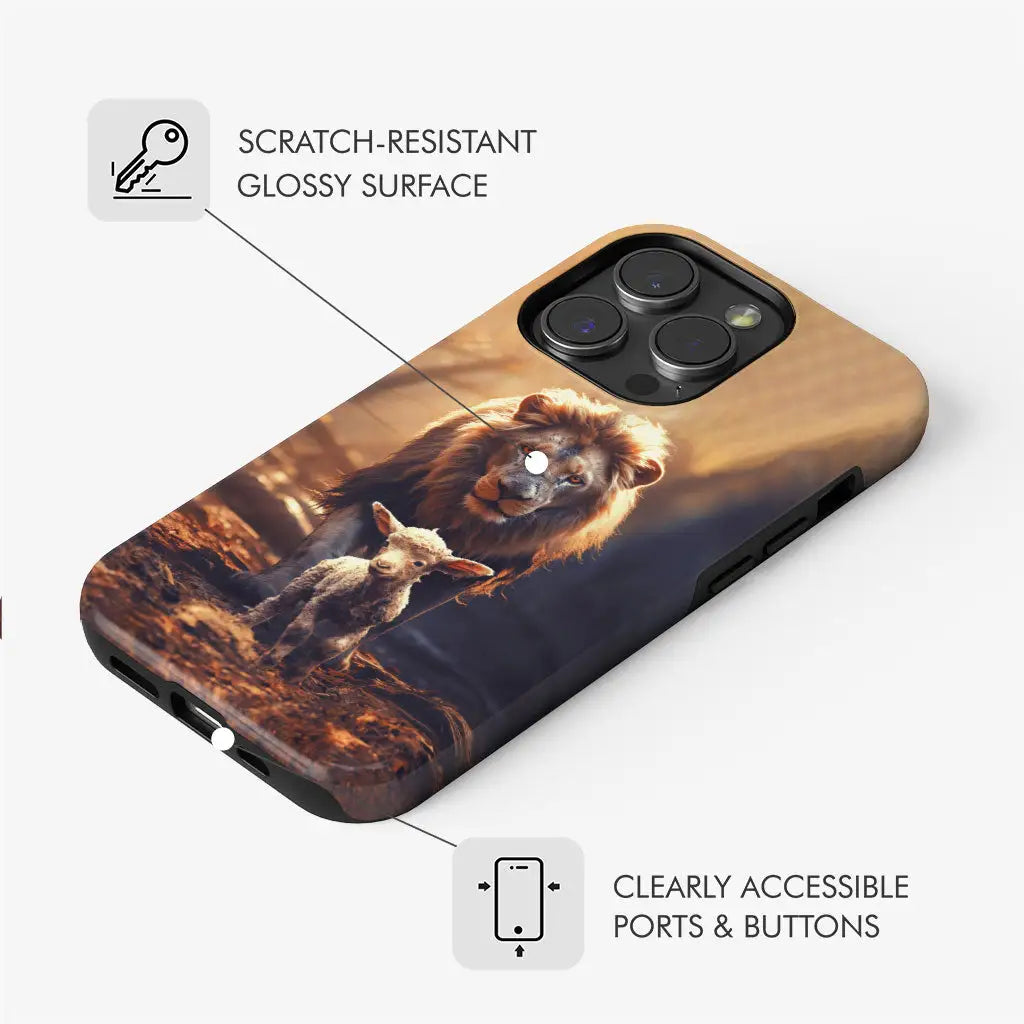 Faith-based phone case with lion and lamb, symbolizing divine protection, great Christian accessory for daily inspiration.