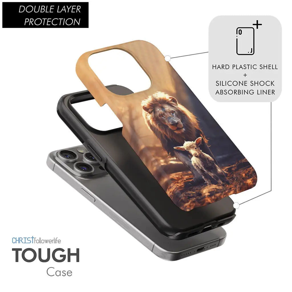 Inspirational phone case with lion and lamb in the forest design, representing divine protection, ideal Christian phone case.