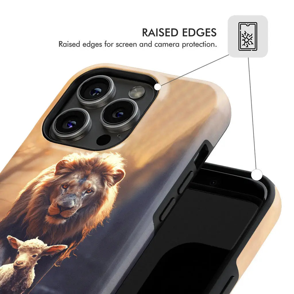 Christian phone case with lion and lamb design, symbolizing divine protection, ideal for those seeking faith-filled accessories.