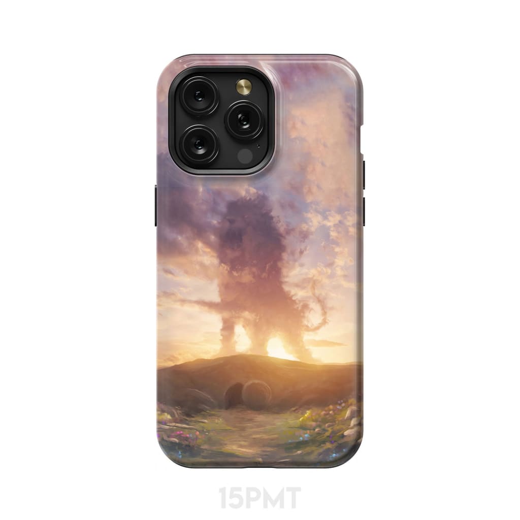 Lion of Judah above the empty tomb He is risen phone case Christian Easter cases iPhone 15 Pro Max / Tough
