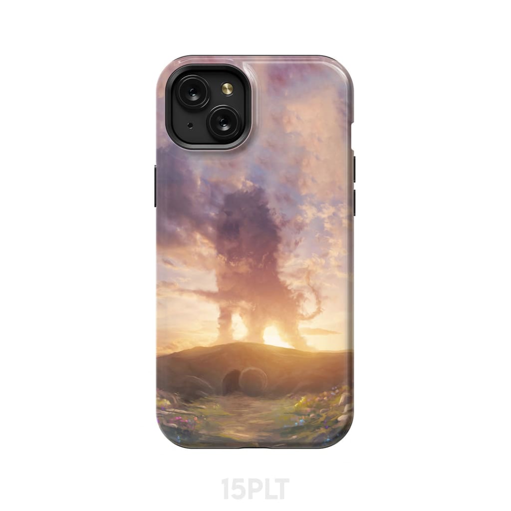 Lion of Judah above the empty tomb He is risen phone case Christian Easter cases iPhone 15 Plus / Tough