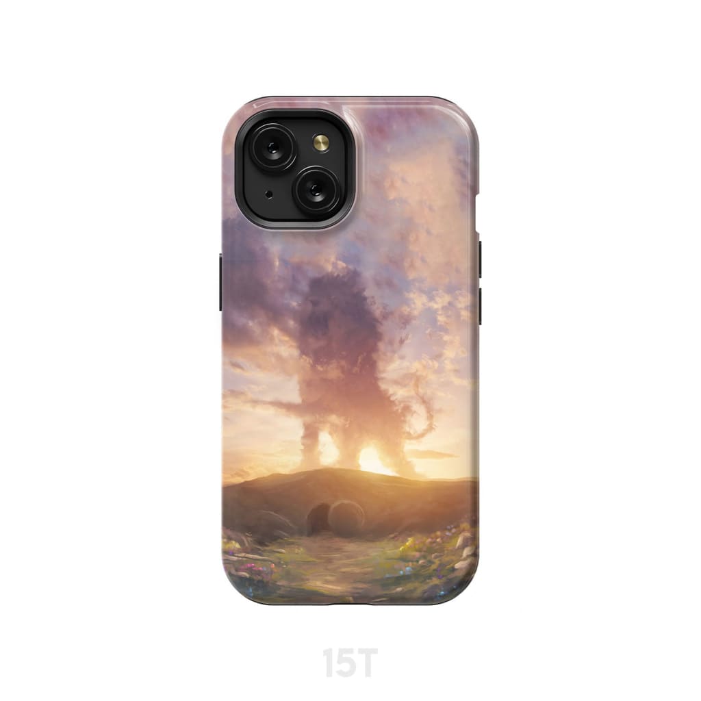 Lion of Judah above the empty tomb He is risen phone case Christian Easter cases iPhone 15 / Tough