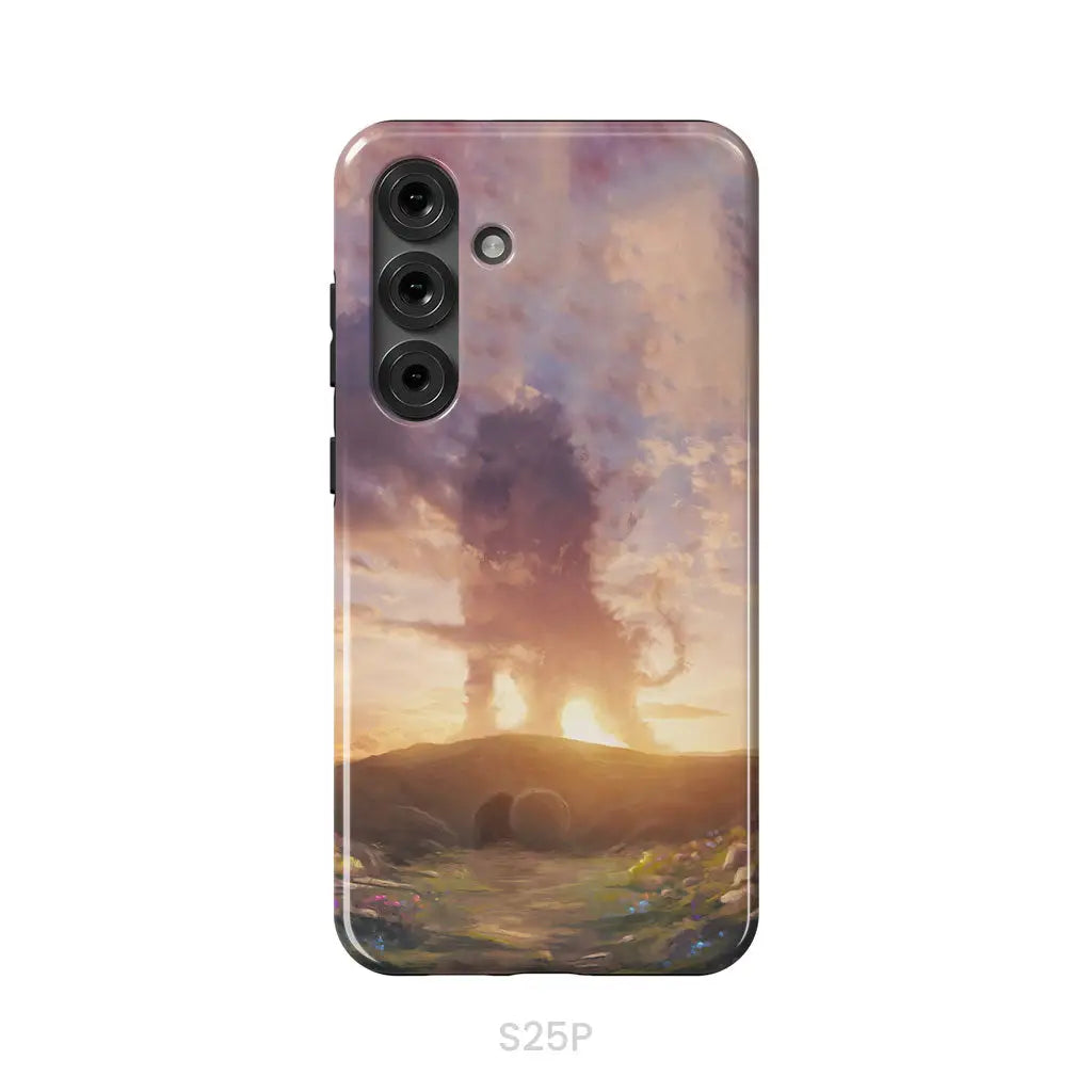 Lion of Judah above the empty tomb He is risen phone case Christian Easter phone cases Samsung Galaxy S25 Plus / Tough