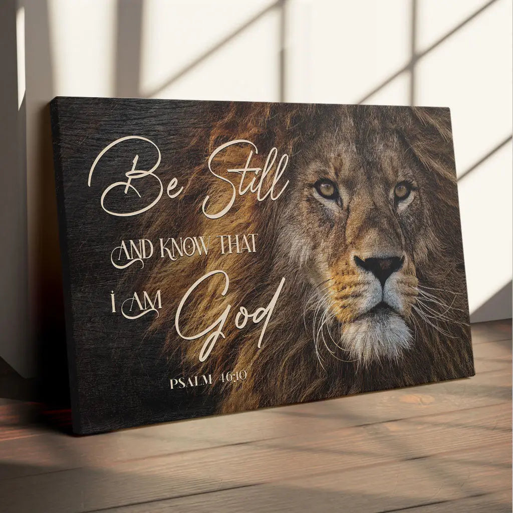 Christian wall art featuring &quot;Be Still And Know That I Am God&quot; with Lion of Judah, perfect faith-based home decor.