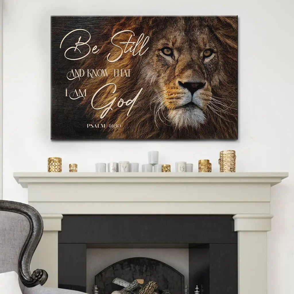 Religious wall art canvas featuring &quot;Be Still And Know That I Am God&quot; and Lion of Judah, perfect for Christian homes.