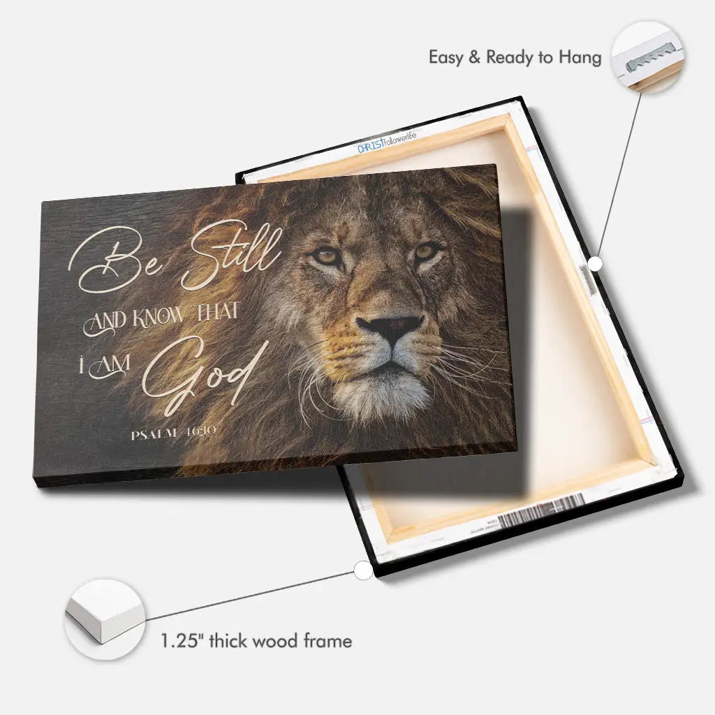 Christian canvas print with Lion of Judah and "Be Still And Know That I Am God," ideal faith-filled wall decor.