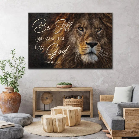 Inspirational canvas print with "Be Still And Know That I Am God" and Lion of Judah, ideal Christian gift for believers.