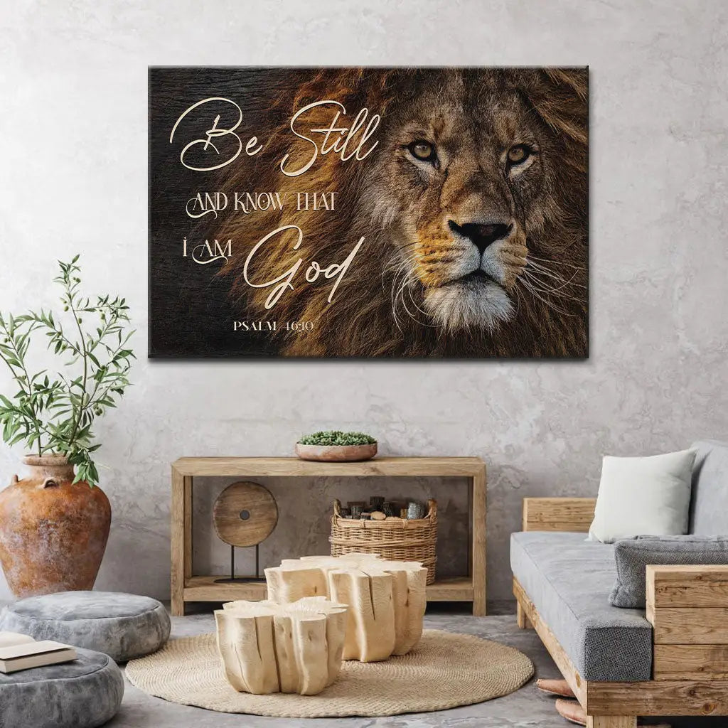 Inspirational canvas print with &quot;Be Still And Know That I Am God&quot; and Lion of Judah, ideal Christian gift for believers.