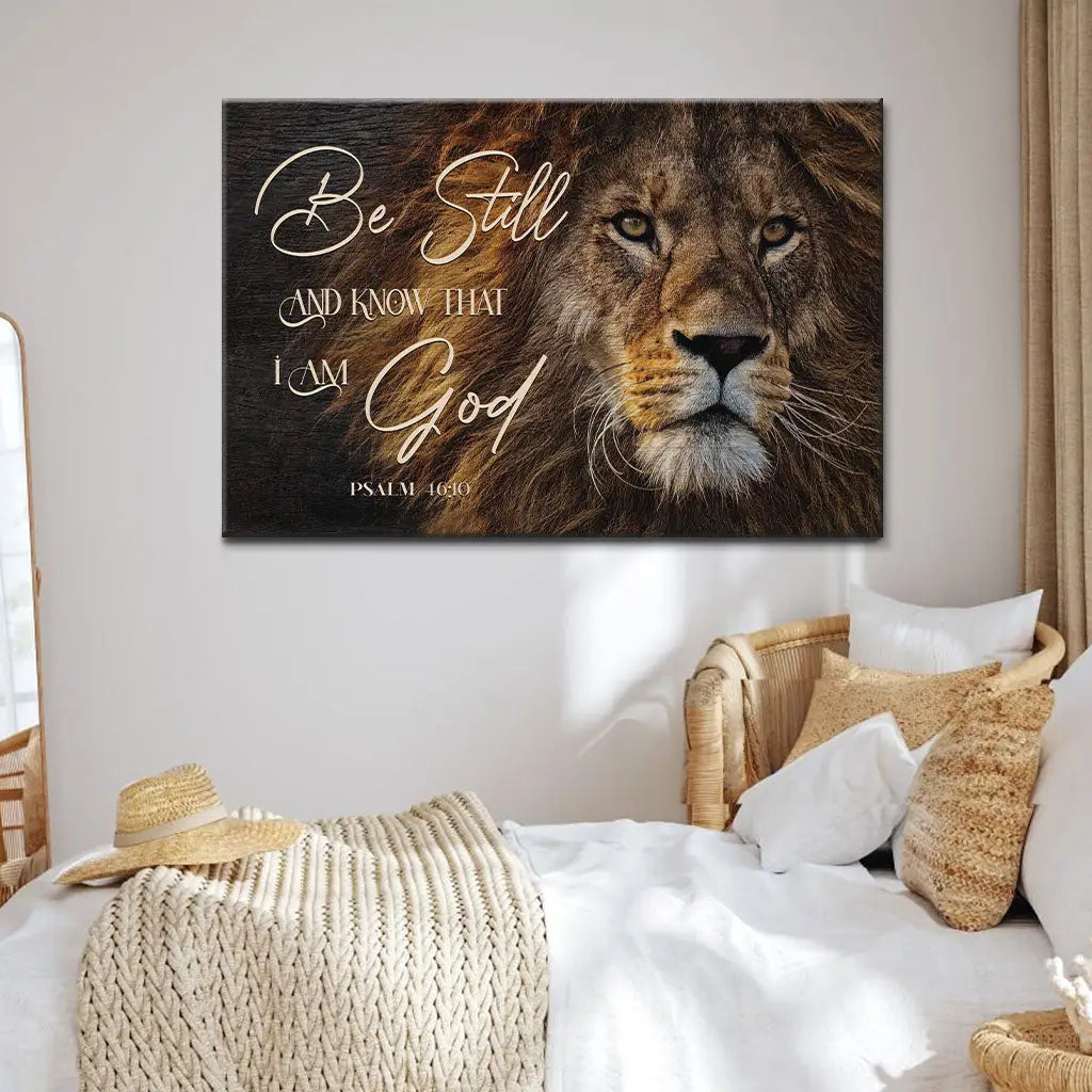 Faith-based wall art with "Be Still And Know That I Am God" and Lion of Judah design, great religious decor for homes.