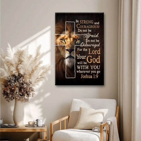 Joshua 1:9 Lion of Judah Christian wall art canvas Be Strong and Courageous cross design
