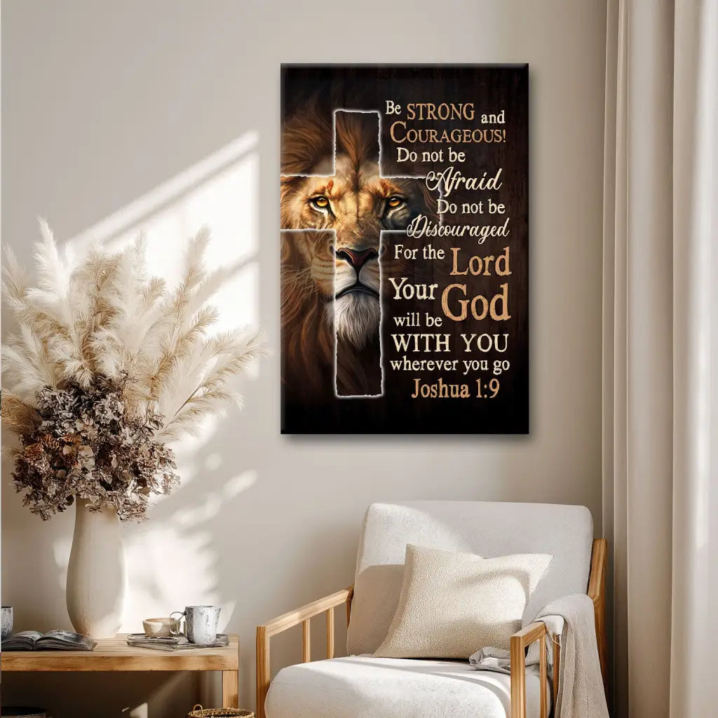 Joshua 1:9 Lion of Judah Christian wall art canvas Be Strong and Courageous cross design