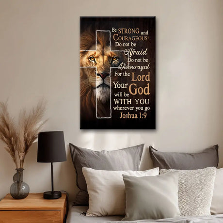 Christian wall art canvas lion with cross Joshua 1:9 Be Strong and Courageous decor