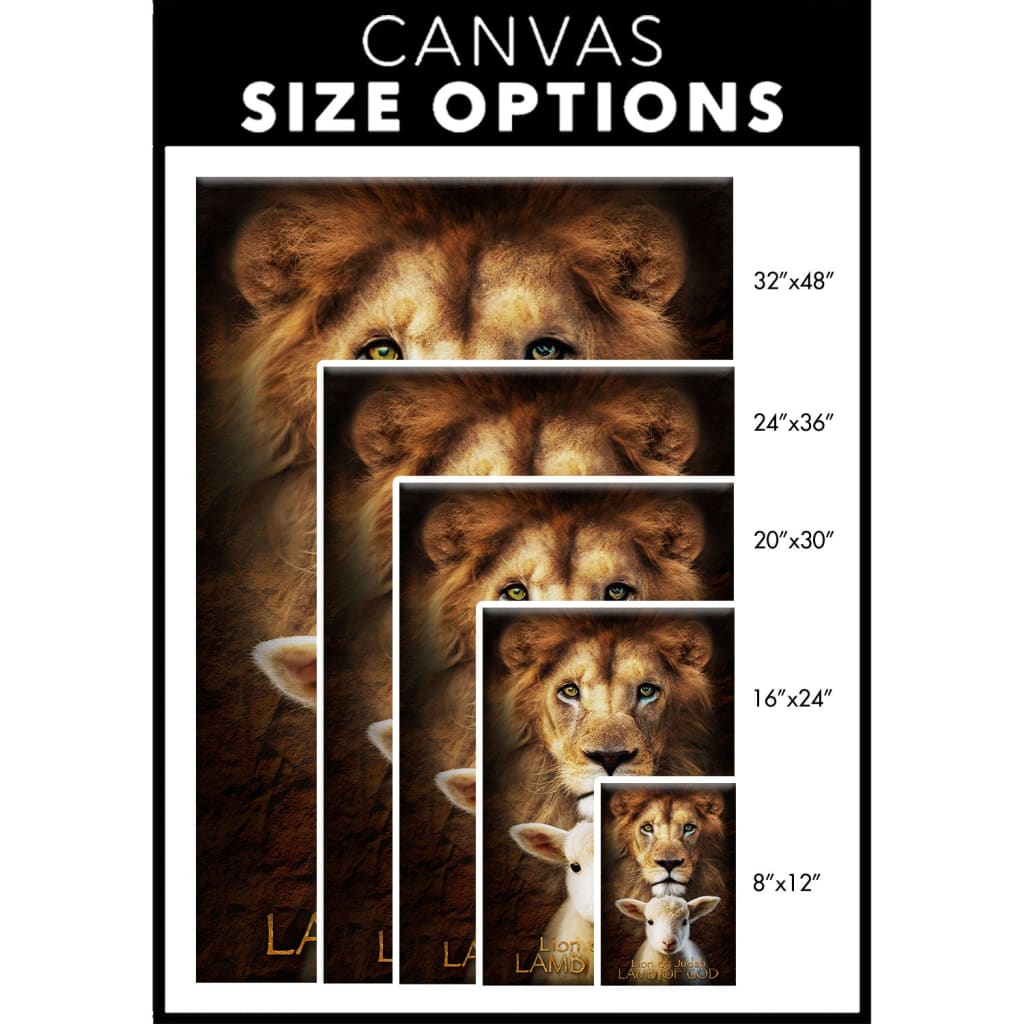 Religious wall art canvas featuring the Lion of Judah and Lamb of God, standing in unity, perfect for faith-filled home decor.