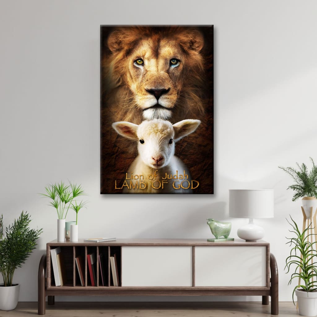Christian wall art featuring the Lion of Judah and the Lamb of God standing together, perfect faith-based home decor.