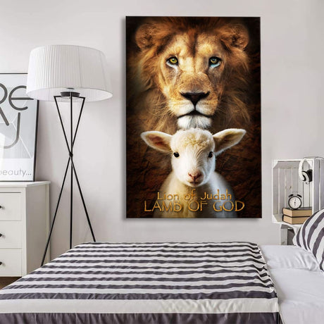 Inspirational canvas print with the Lion of Judah and Lamb of God standing together, ideal Christian wall art for homes.