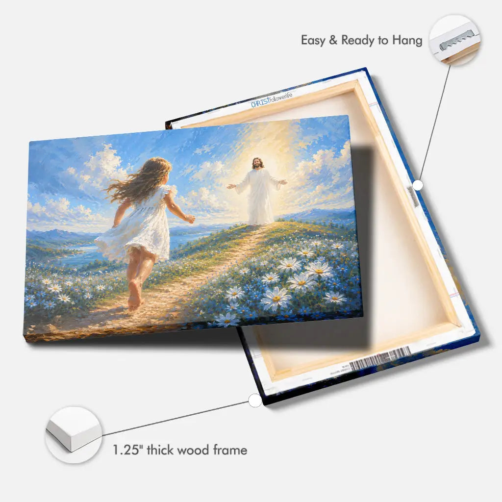 Little girl running to Jesus Christian wall art canvas with peaceful meadow and sunlight