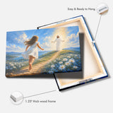 Little girl running to Jesus Christian wall art canvas with peaceful meadow and sunlight