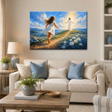 Little girl running toward Jesus with open arms Christian wall art canvas at golden sunset