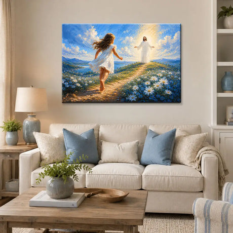 Little girl running toward Jesus with open arms Christian wall art canvas at golden sunset
