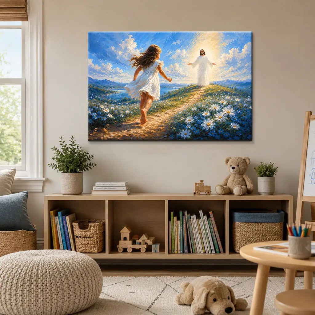Faith based wall art of little girl running to Jesus with love and hope canvas