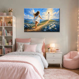 Christian canvas print featuring Jesus embracing a little girl with open arms