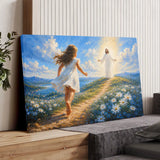 Christian wall art canvas showing a little girl joyfully running into Jesus' open arms